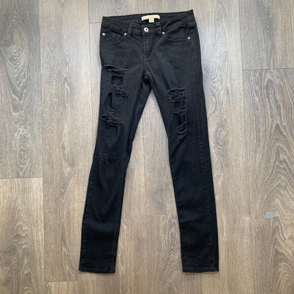 Forever 21 Black Skinny Jeans Distressed Mid rise Stretch denim Size 26 - Picture 8 of 14